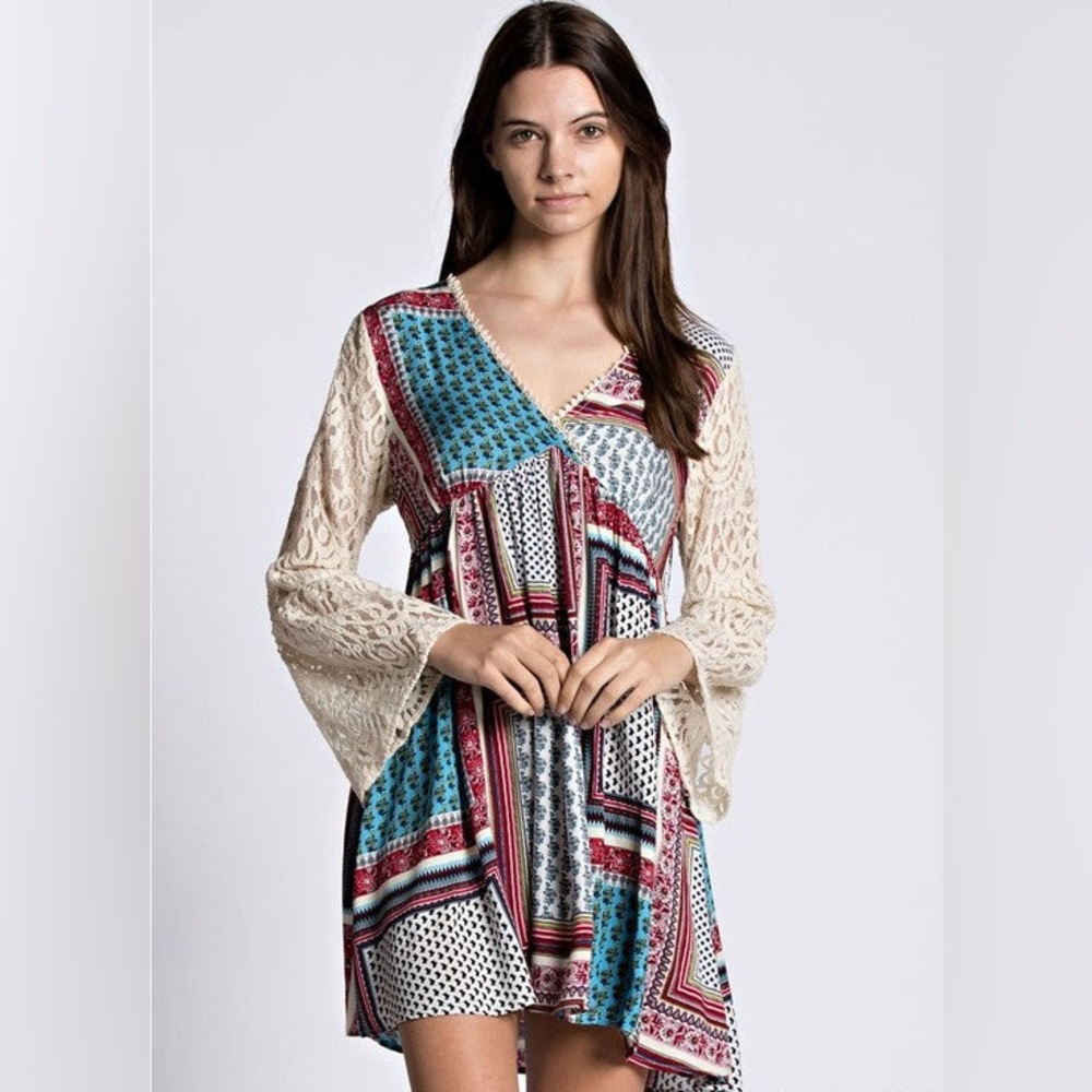 Kori Boho Lace bell sleeve handkerchief patchwork V neck midi dress Small